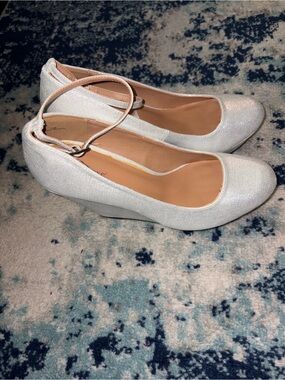 Dollhouse White Shimmer Ankle-Strap Mary Jane Wedge Pumps